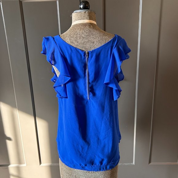 EM Blue Dressy Ruffle Sleeve Top Size Small - Picture 2 of 3